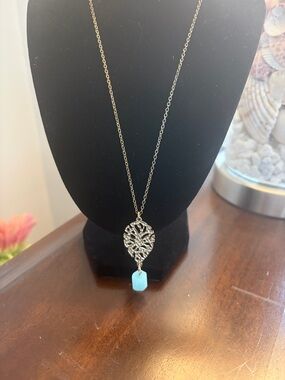 Elegant Silver Tree of Life Necklace with Light Blue Pendant